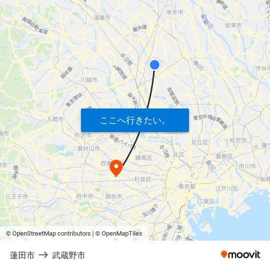 蓮田市 to 武蔵野市 map