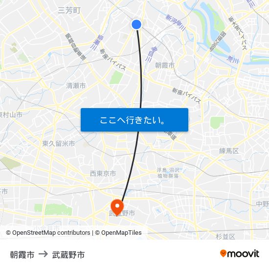 朝霞市 to 武蔵野市 map