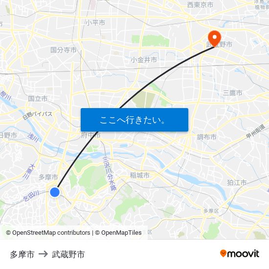 多摩市 to 武蔵野市 map