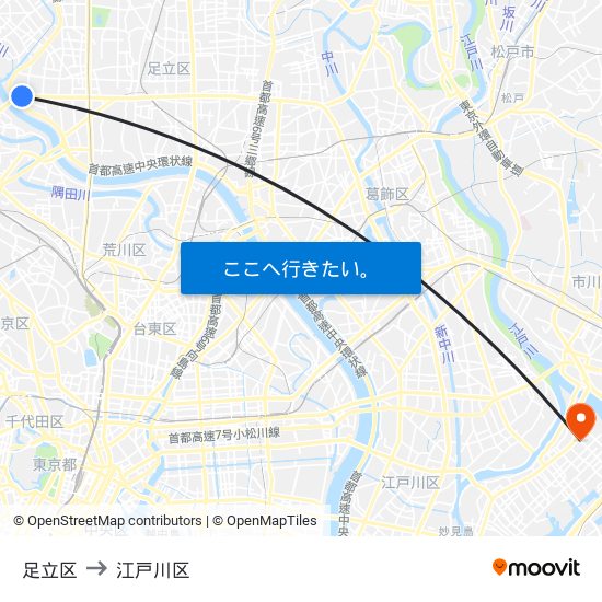 足立区 to 江戸川区 map