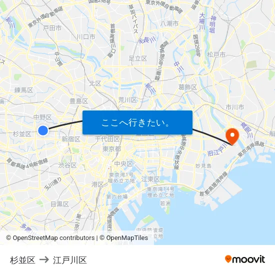 杉並区 to 江戸川区 map