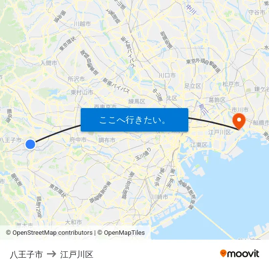八王子市 to 江戸川区 map