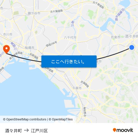 酒々井町 to 江戸川区 map