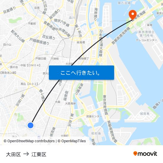 大田区 to 江東区 map