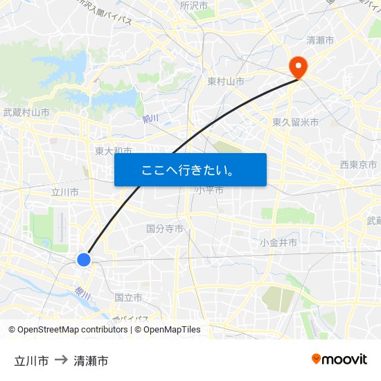 立川市 to 清瀬市 map