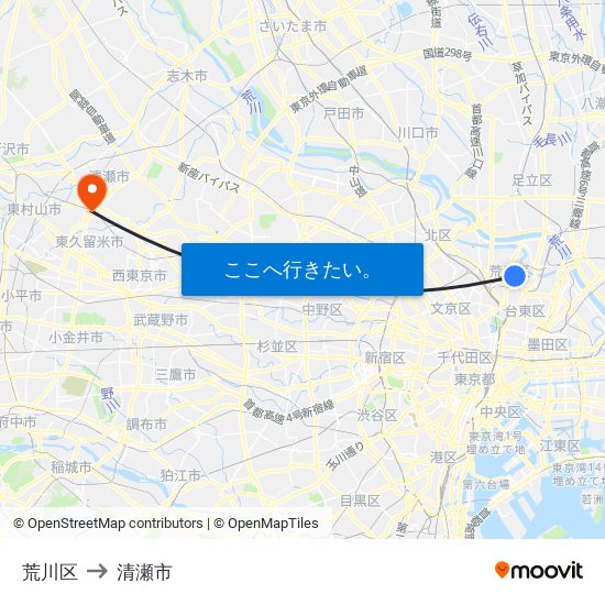 荒川区 to 清瀬市 map
