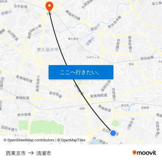 西東京市 to 清瀬市 map
