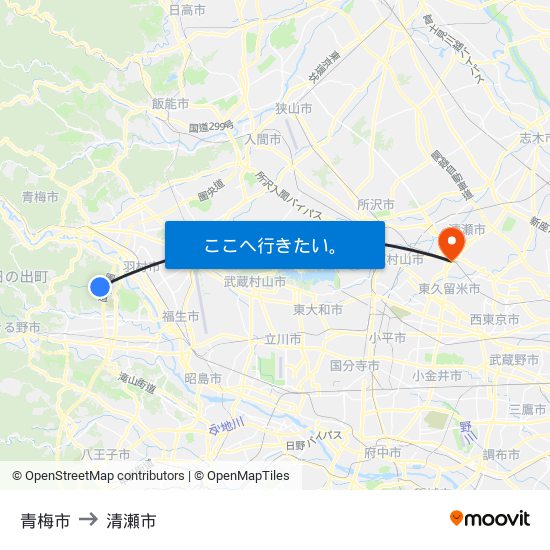 青梅市 to 清瀬市 map