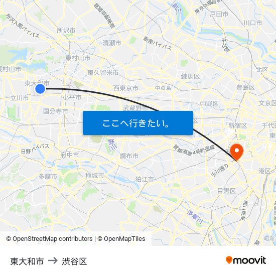 東大和市 to 渋谷区 map