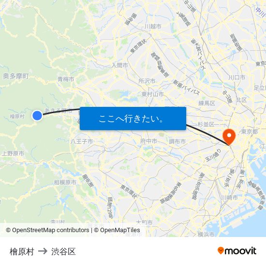 檜原村 to 渋谷区 map