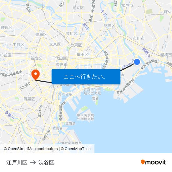 江戸川区 to 渋谷区 map