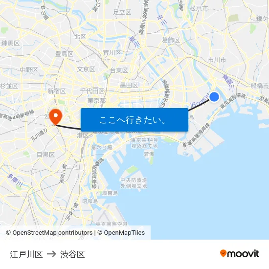江戸川区 to 渋谷区 map
