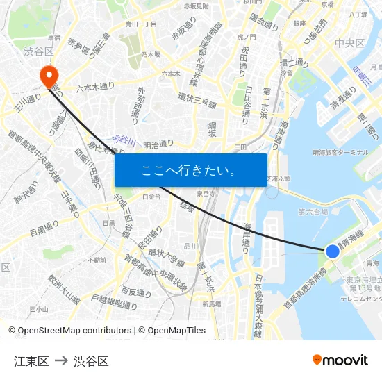江東区 to 渋谷区 map