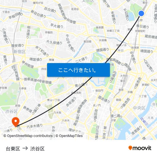 台東区 to 渋谷区 map