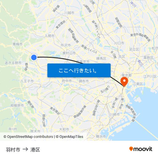 羽村市 to 港区 map
