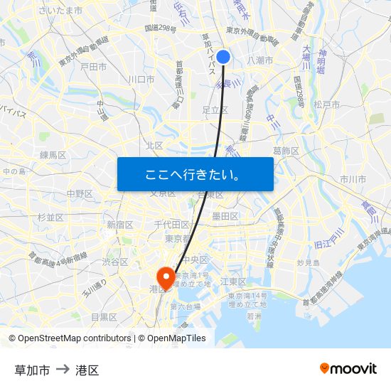 草加市 to 港区 map