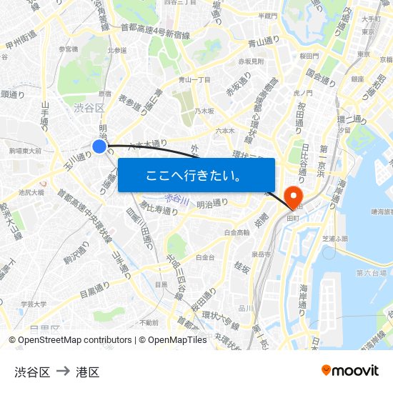 渋谷区 to 港区 map