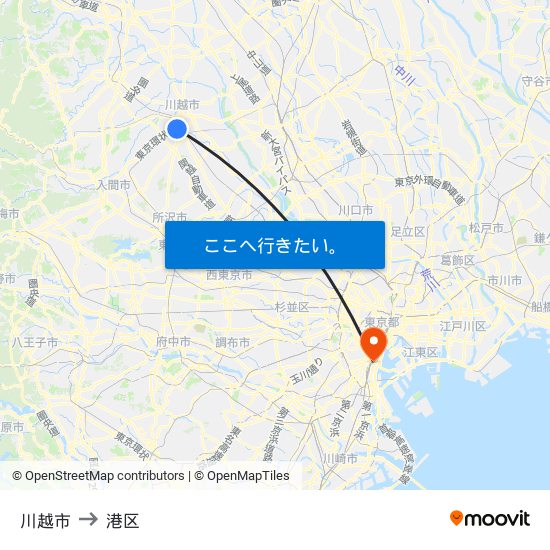 川越市 to 港区 map