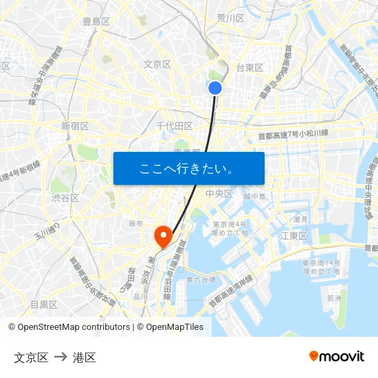 文京区 to 港区 map