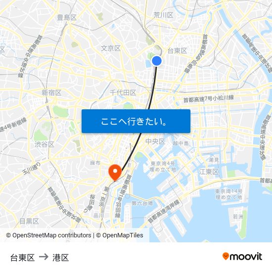 台東区 to 港区 map