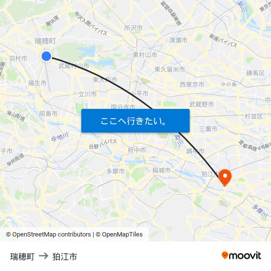 瑞穂町 to 狛江市 map