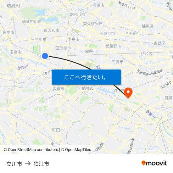 立川市 to 狛江市 map