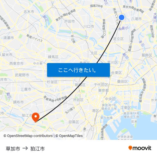 草加市 to 狛江市 map