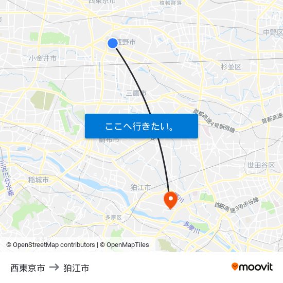 西東京市 to 狛江市 map