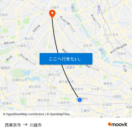 西東京市 to 川越市 map