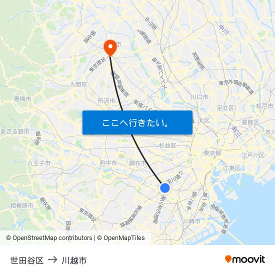 世田谷区 to 川越市 map