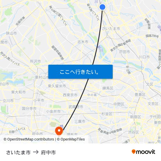 さいたま市 to 府中市 map
