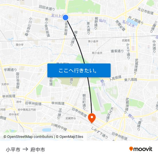 小平市 to 府中市 map
