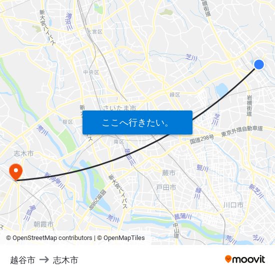 越谷市 to 志木市 map
