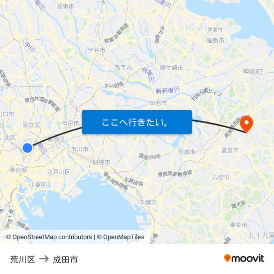 荒川区 to 成田市 map