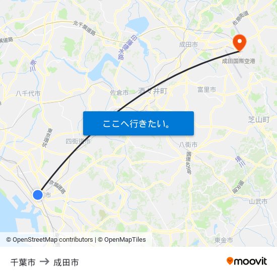 千葉市 to 成田市 map