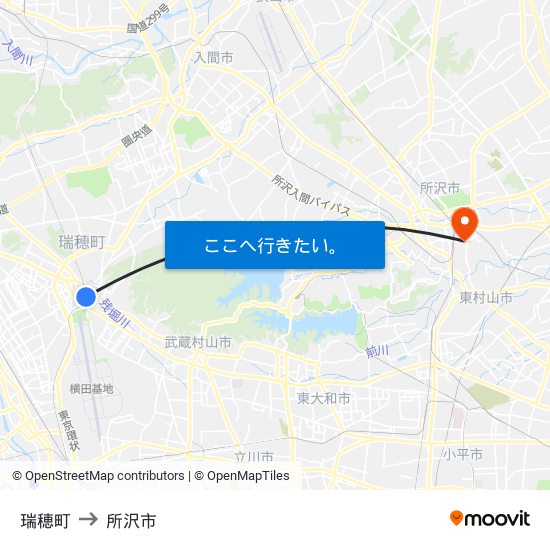 瑞穂町 to 所沢市 map