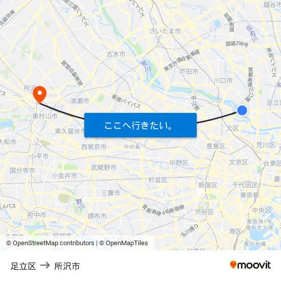 足立区 to 所沢市 map