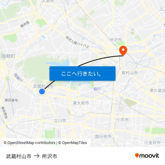 武蔵村山市 to 所沢市 map