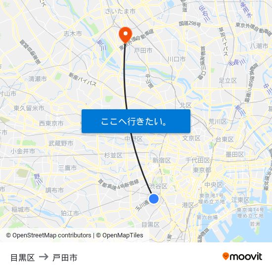 目黒区 to 戸田市 map