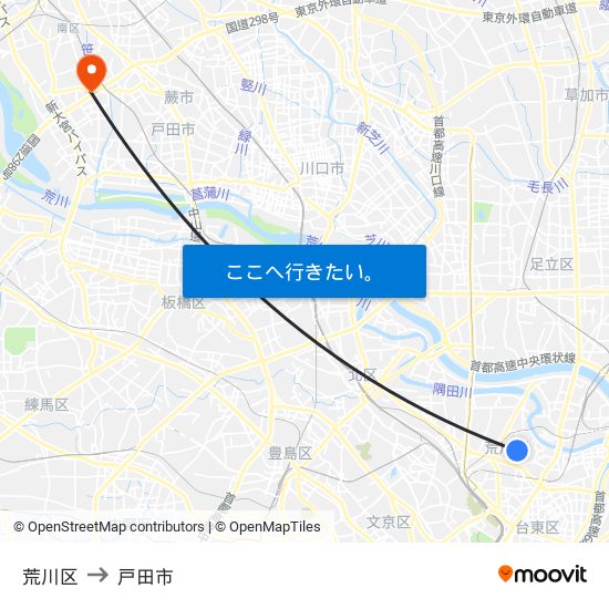 荒川区 to 戸田市 map
