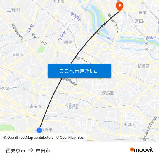 西東京市 to 戸田市 map