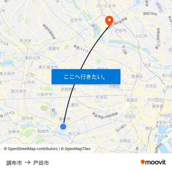調布市 to 戸田市 map
