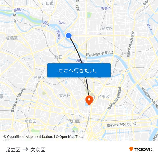 足立区 to 文京区 map