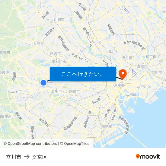 立川市 to 文京区 map