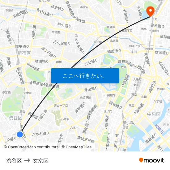 渋谷区 to 文京区 map