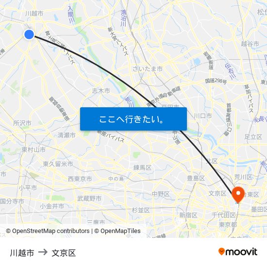 川越市 to 文京区 map