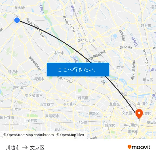 川越市 to 文京区 map