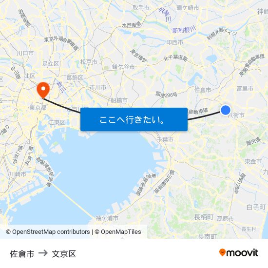 佐倉市 to 文京区 map