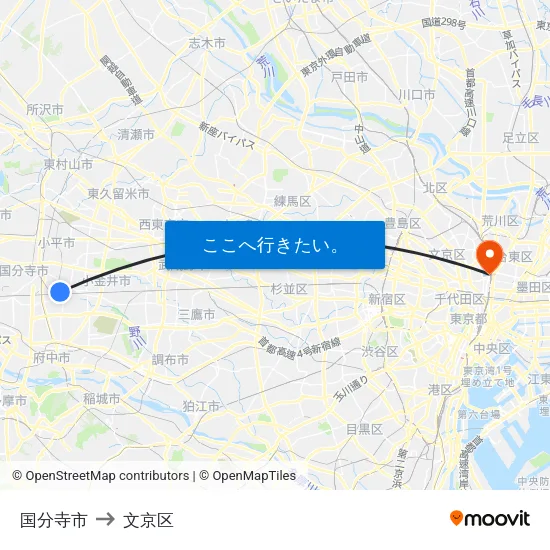 国分寺市 to 文京区 map