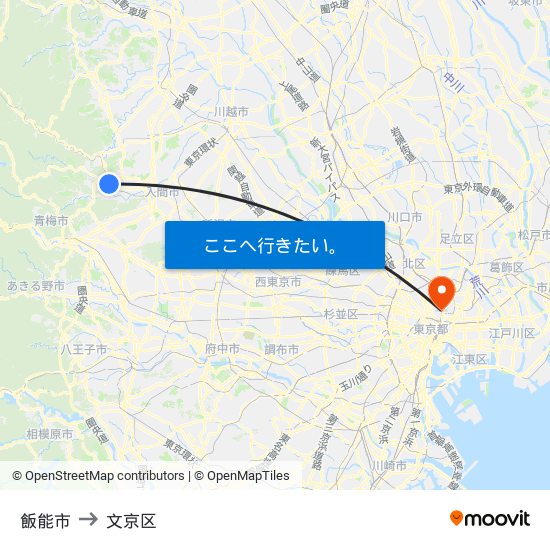 飯能市 to 文京区 map